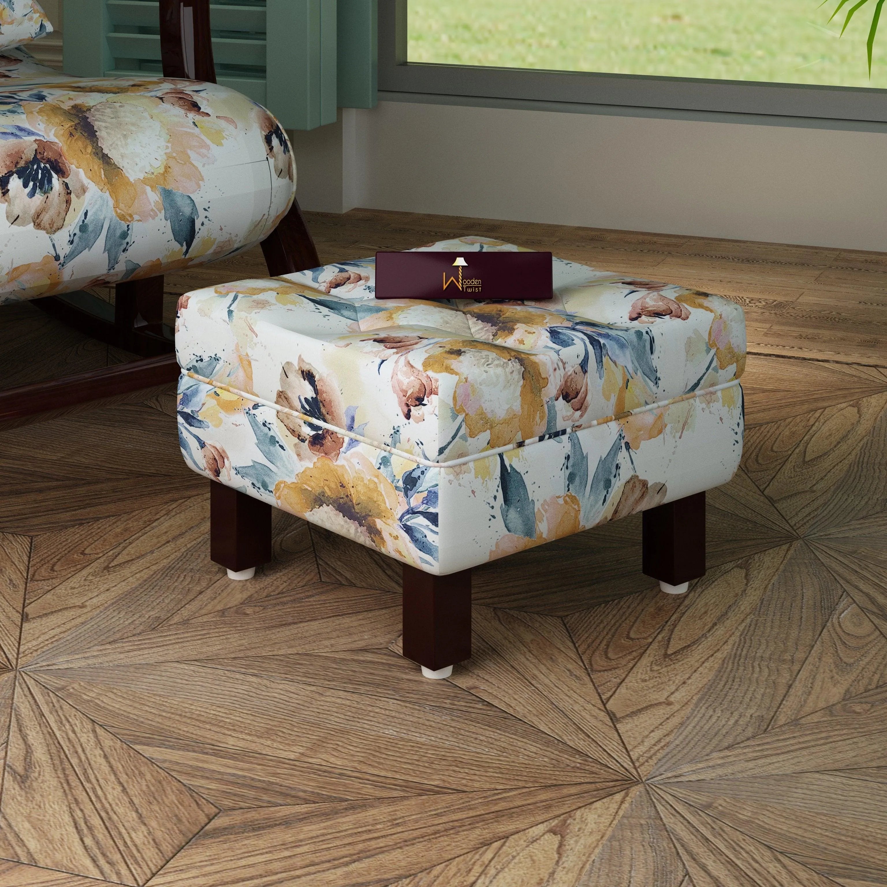 Reposa Floral Print Wooden Cushioned Footrest Stool (Walnut Legs) - Wooden Twist UAE