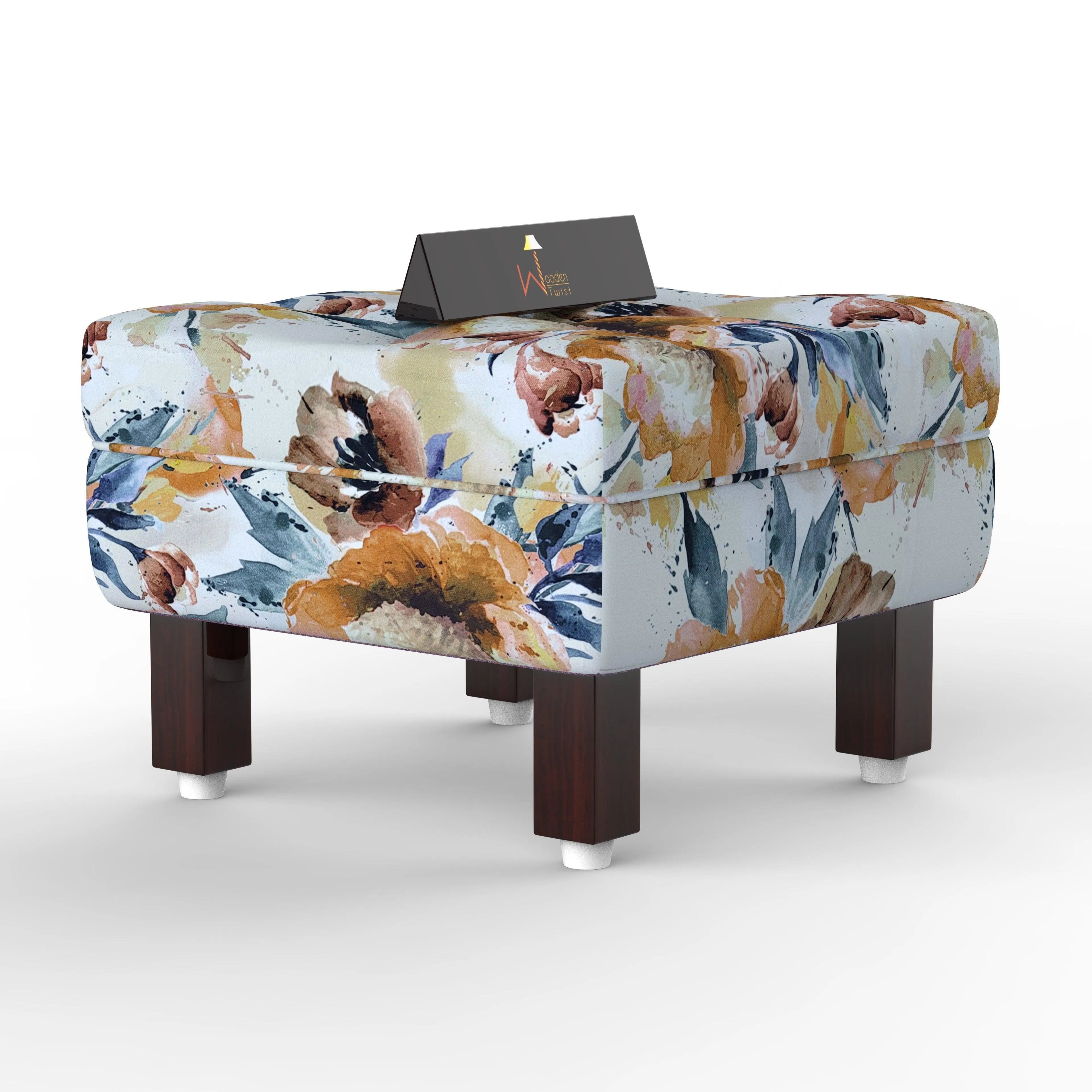 Reposa Floral Print Wooden Cushioned Footrest Stool (Walnut Legs) - Wooden Twist UAE