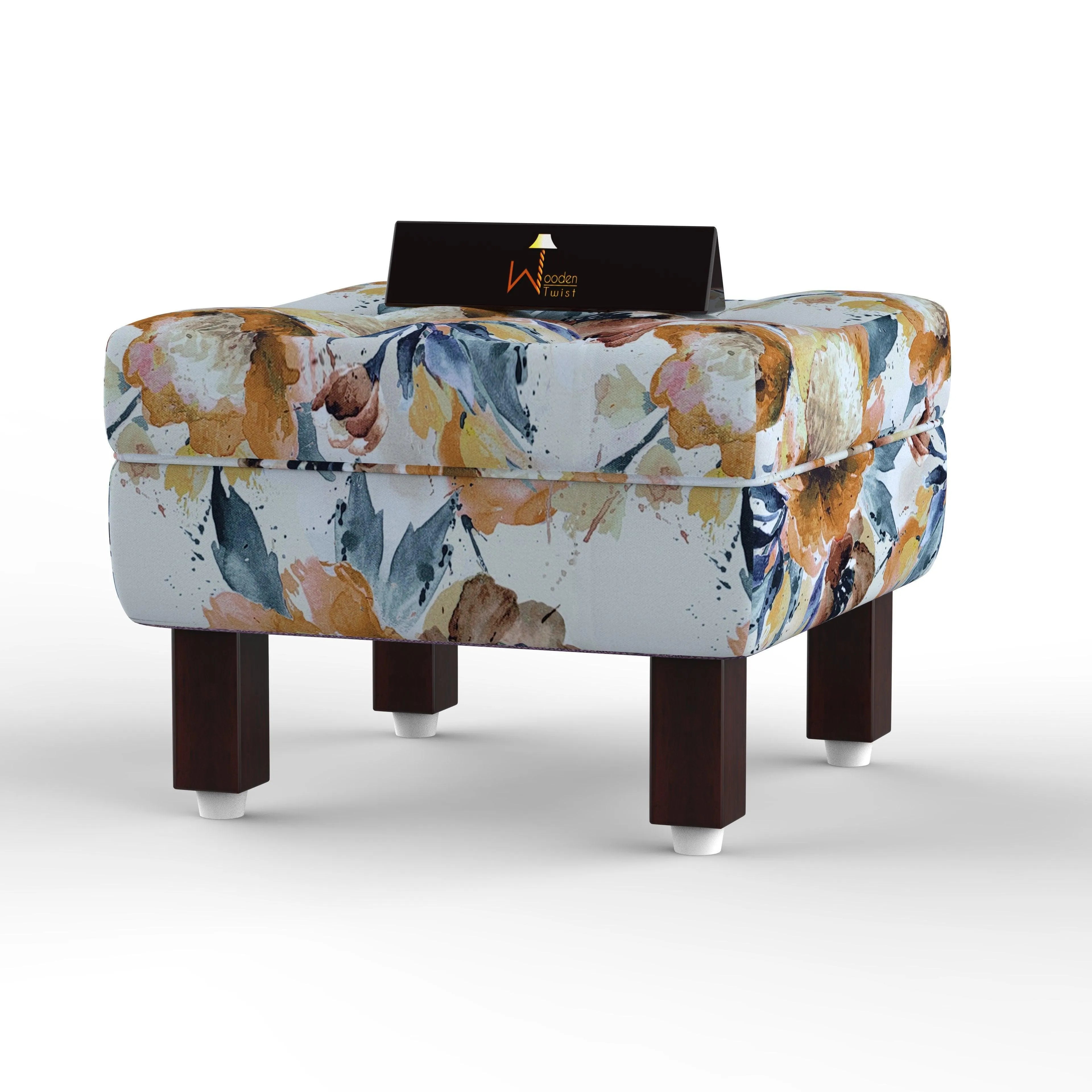 Reposa Floral Print Wooden Cushioned Footrest Stool (Walnut Legs) - Wooden Twist UAE