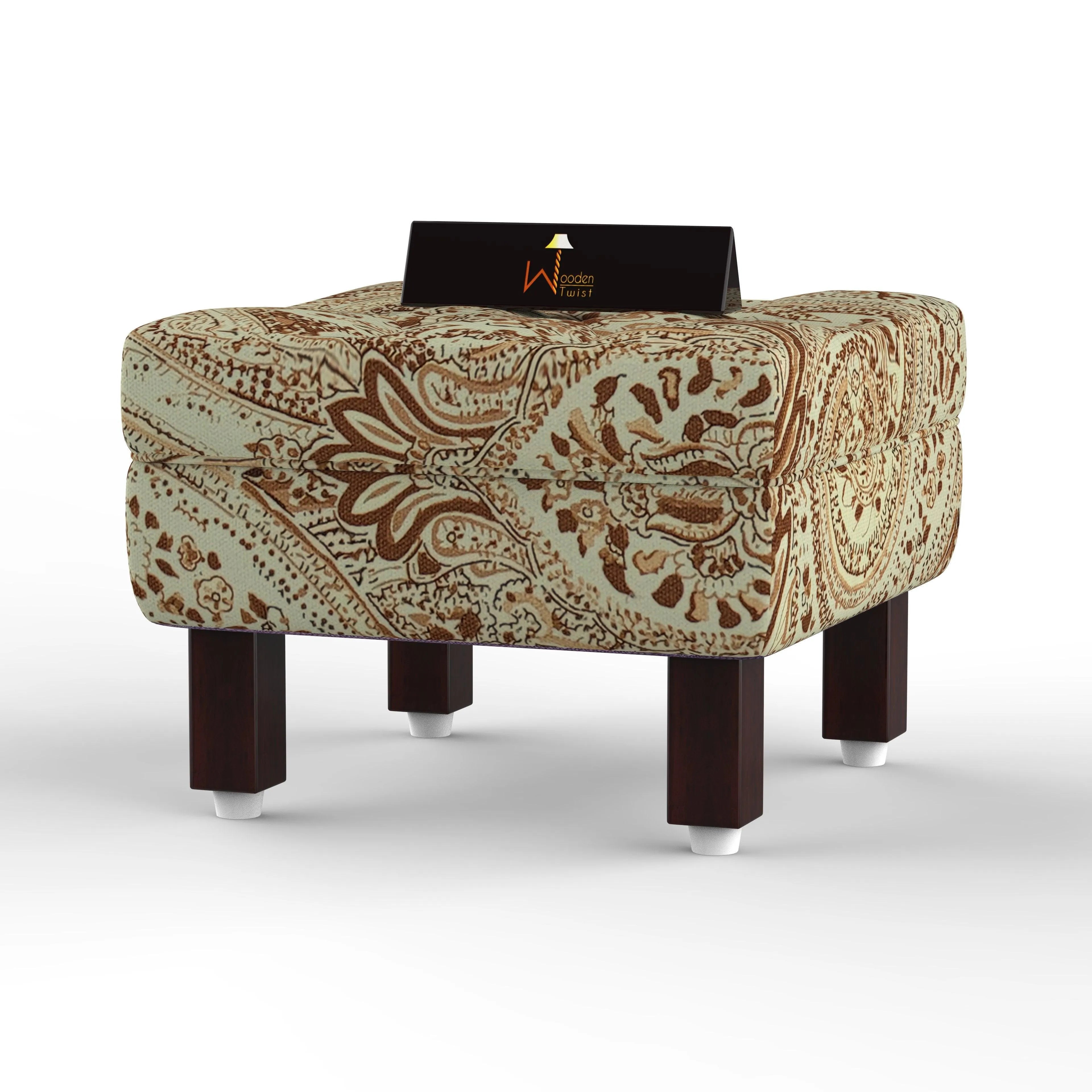 Reposa Floral Print Wooden Cushioned Footrest Stool (Walnut Legs) - Wooden Twist UAE