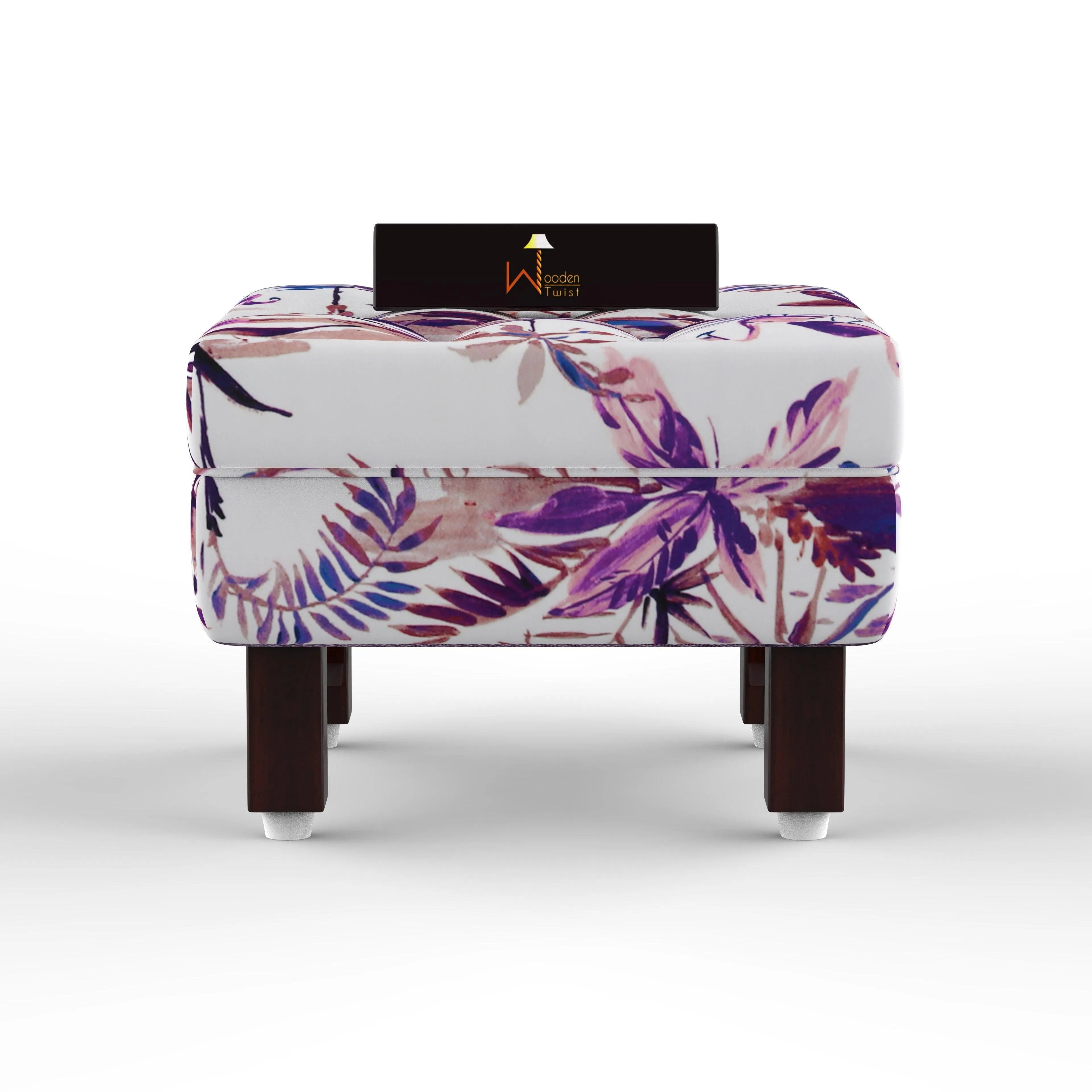 Reposa Floral Print Wooden Cushioned Footrest Stool (Walnut Legs) - Wooden Twist UAE