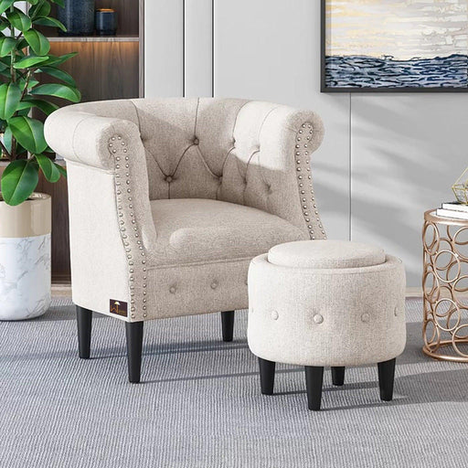 Wide Tufted Chesterfield Arm Chair with Ottoman Footrest (Walnut Legs) - Wooden Twist UAE