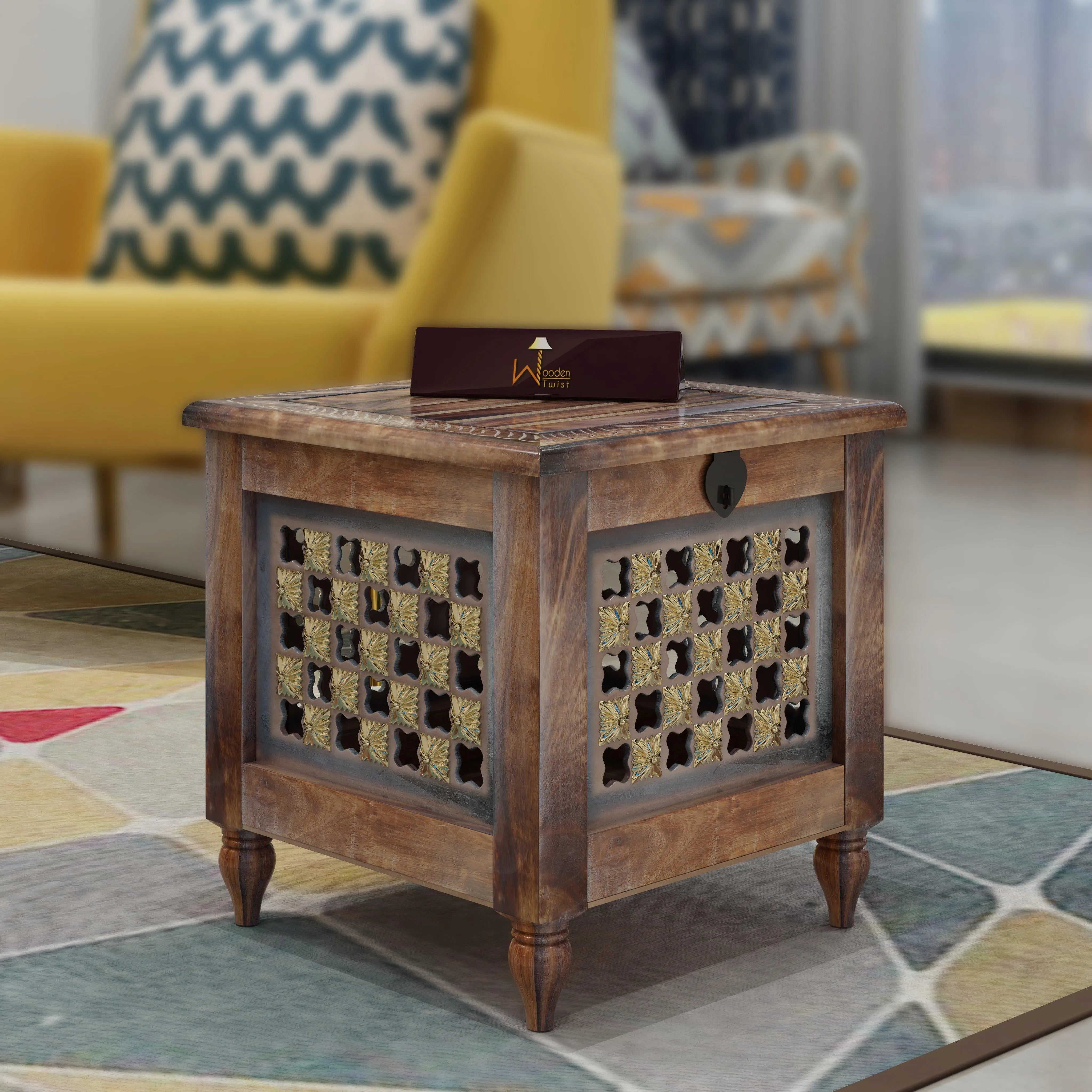 Beautiful Antique Wooden Square Stool with Storage for Living and Bedroom - Wooden Twist UAE