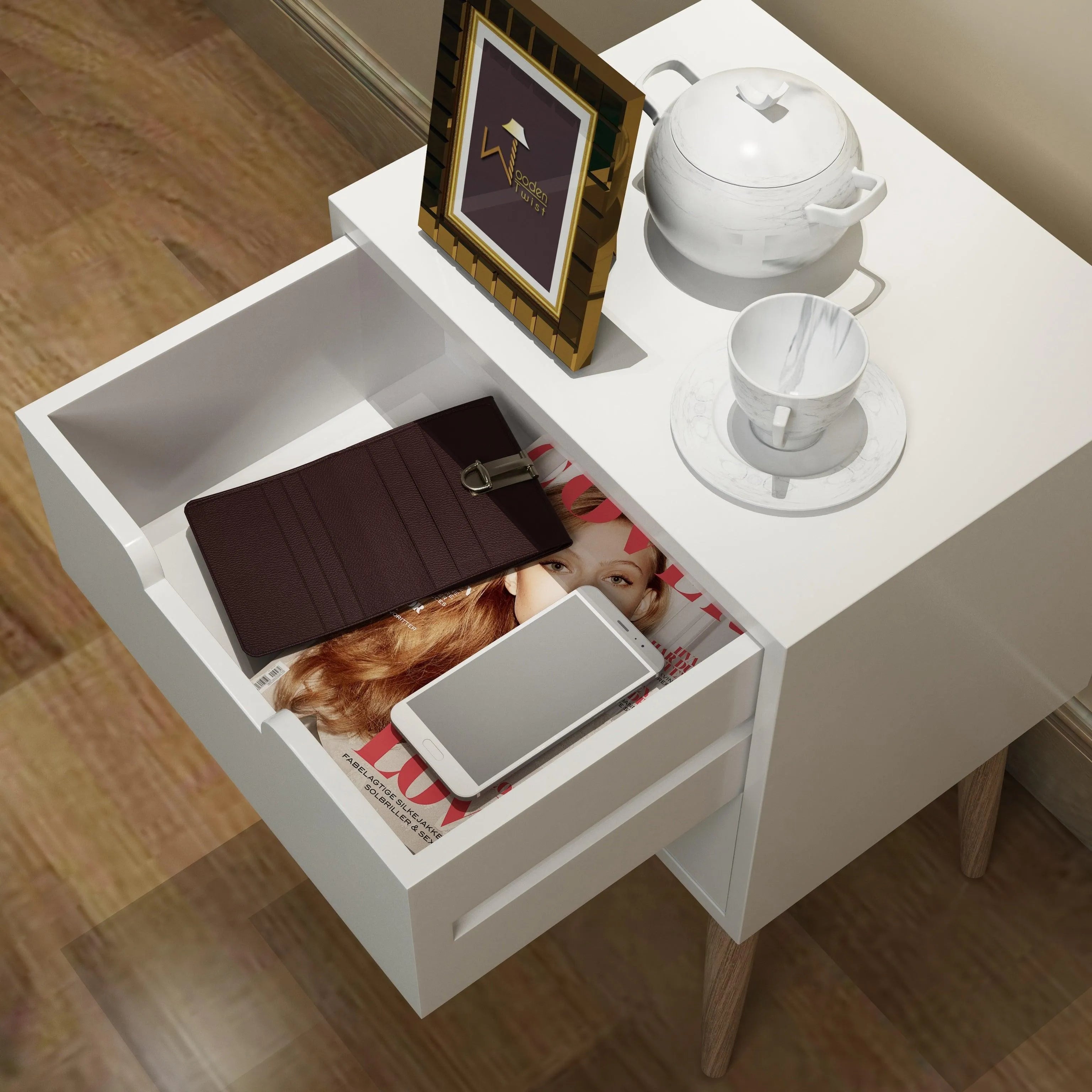 Amazing Nightstand Bedside Table with Two Drawers (White) - Wooden Twist UAE