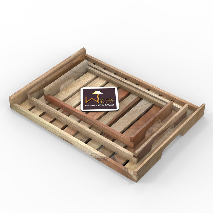 Teak Wood Serving Tray Set of 3 Pcs - Wooden Twist UAE