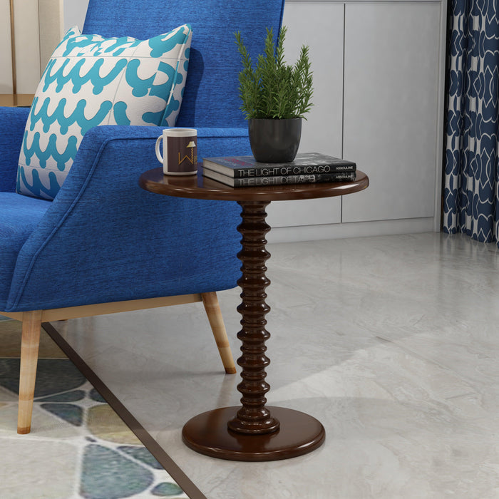 Round Wooden Spindle Side Table for Living Room with Pedestal End Table (Walnut Finish)