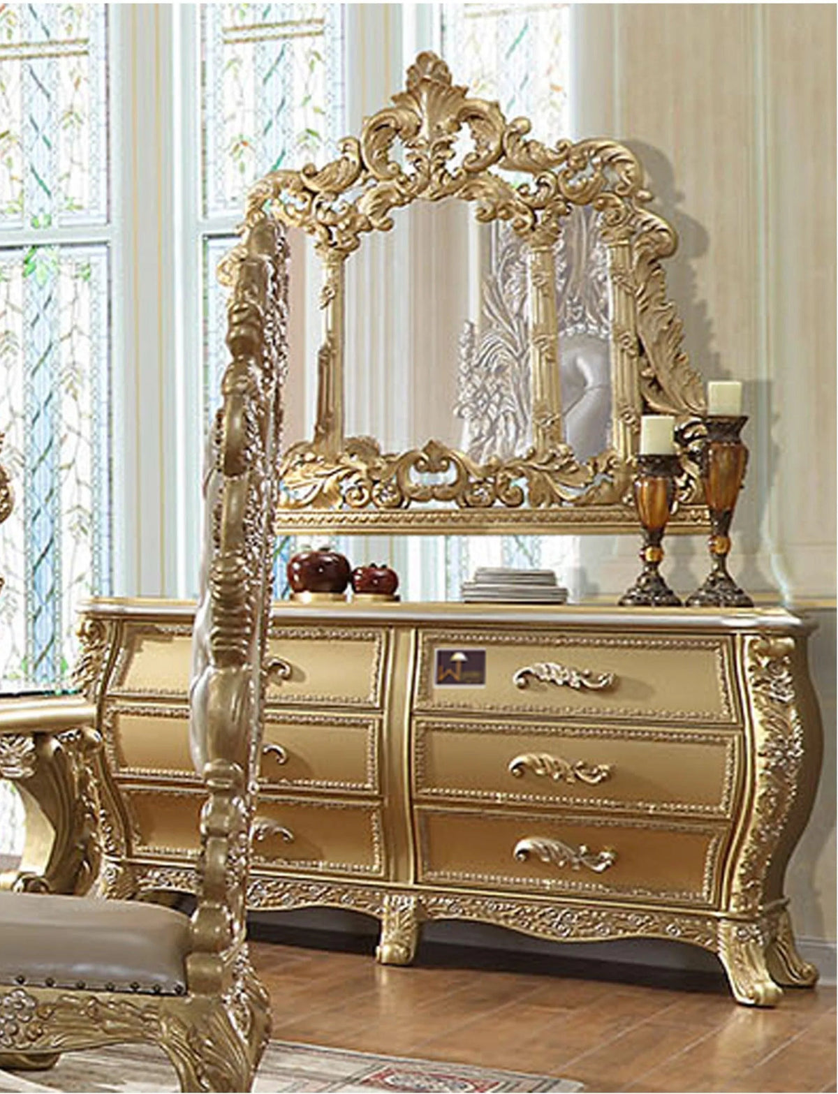 Royal Gold Luxury Hand Carved Wooden Teak Wood Dressing Table with Mirror And 6 Drawers - Wooden Twist UAE