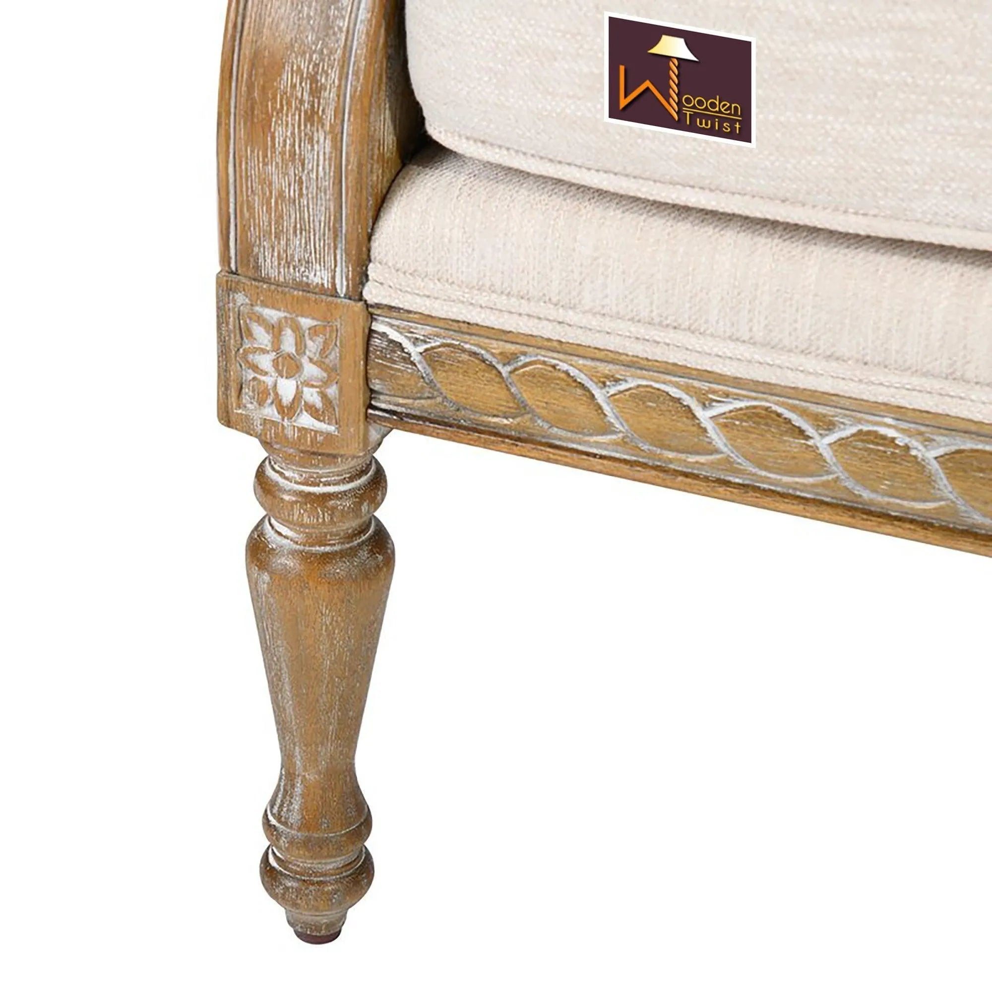 Wooden Hand Carved Recessed Arm Loveseat Bench (2 Seater, Beige) - Wooden Twist UAE