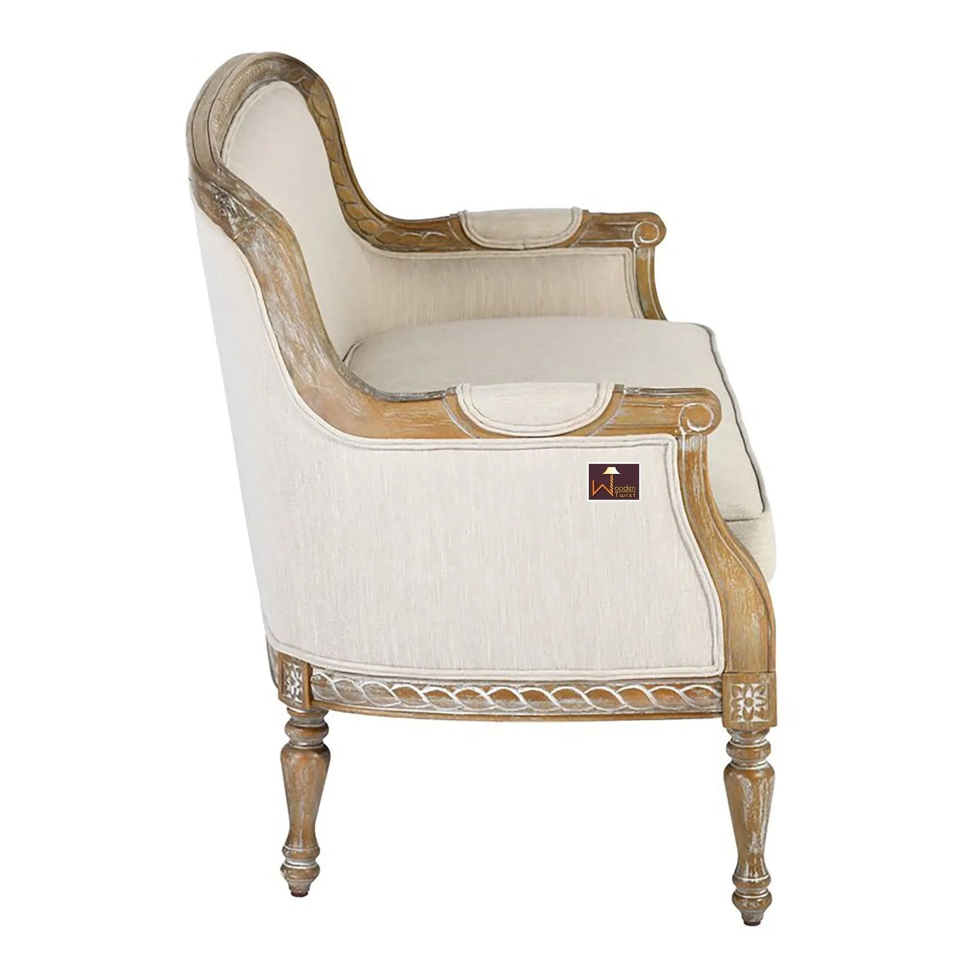 Wooden Hand Carved Recessed Arm Loveseat Bench (2 Seater, Beige) - Wooden Twist UAE