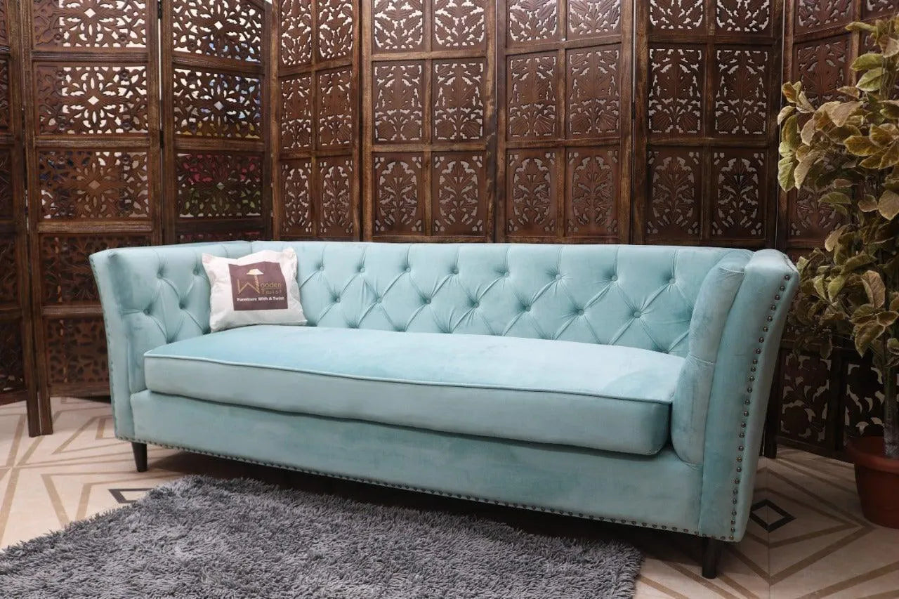 Designer Velvet Rolled Arm Chesterfield Sofa (3 Seater Sky Blue) - Wooden Twist UAE