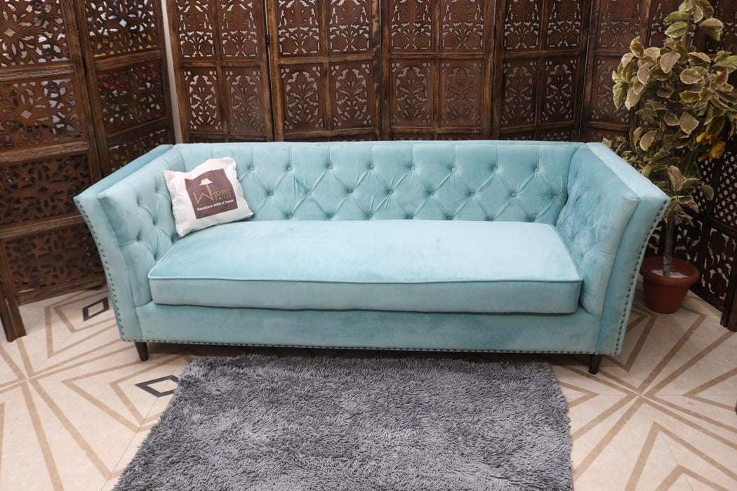 Designer Velvet Rolled Arm Chesterfield Sofa (3 Seater Sky Blue) - Wooden Twist UAE