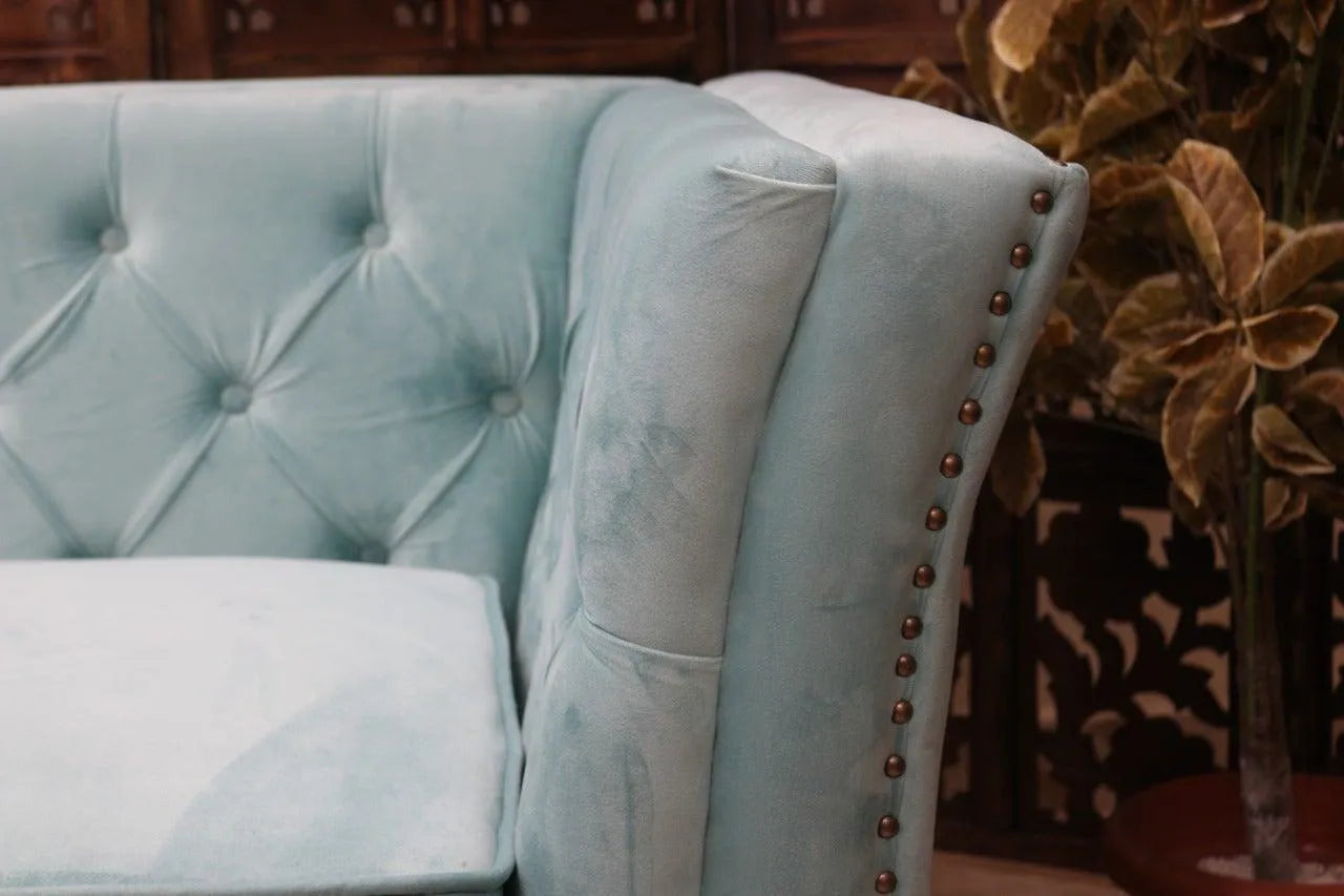 Designer Velvet Rolled Arm Chesterfield Sofa (3 Seater Sky Blue) - Wooden Twist UAE