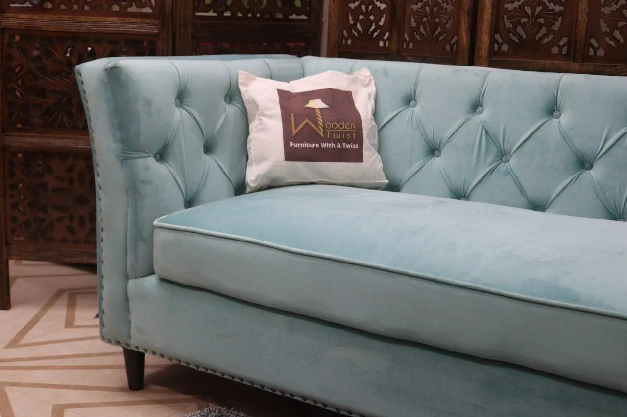 Designer Velvet Rolled Arm Chesterfield Sofa (3 Seater Sky Blue) - Wooden Twist UAE