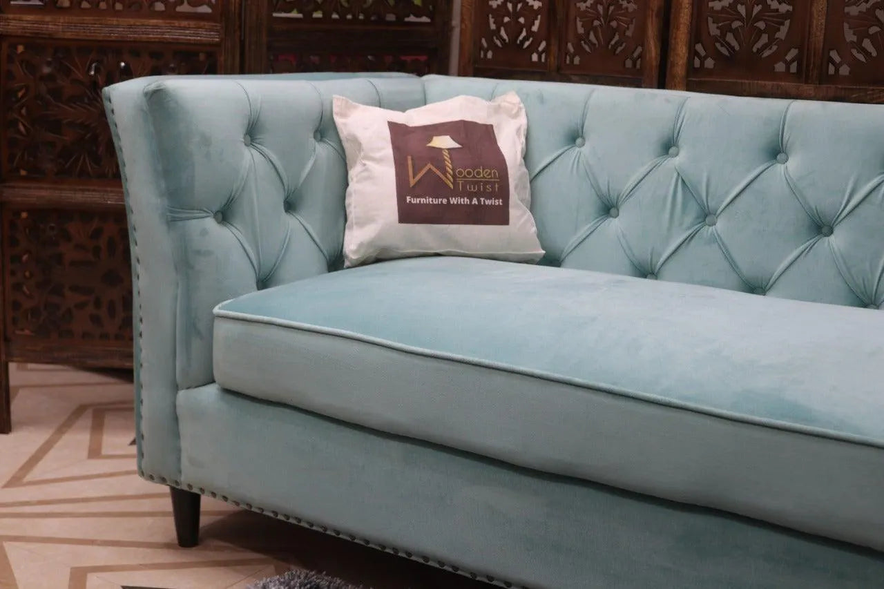 Designer Velvet Rolled Arm Chesterfield Sofa (3 Seater Sky Blue) - Wooden Twist UAE