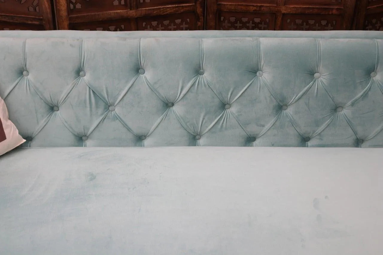 Designer Velvet Rolled Arm Chesterfield Sofa (3 Seater Sky Blue) - Wooden Twist UAE