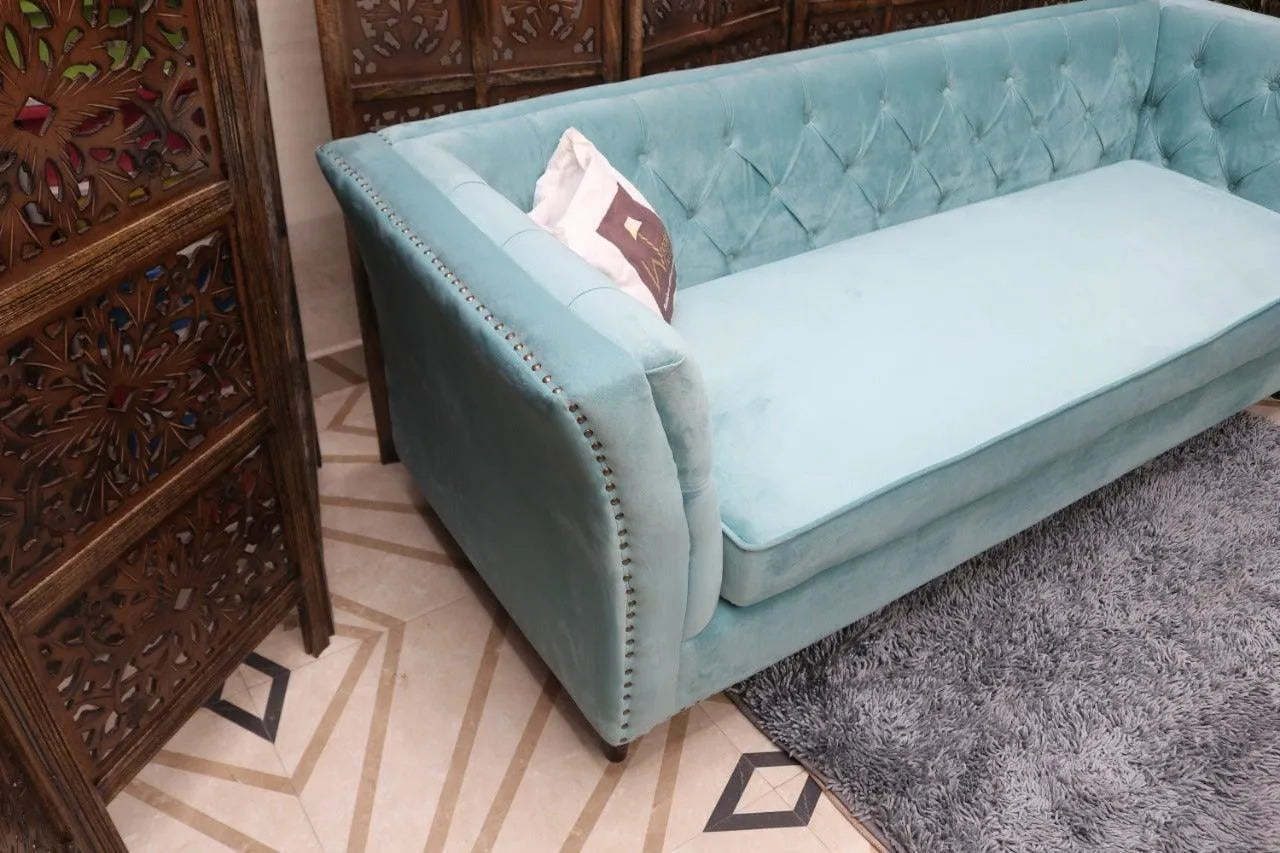 Designer Velvet Rolled Arm Chesterfield Sofa (3 Seater Sky Blue) - Wooden Twist UAE