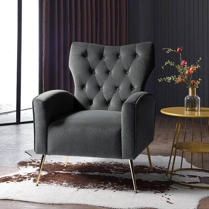 Stuffed Wide Tufted Velvet Wingback Chair for Living Room (Golden Metal Legs) - Wooden Twist UAE