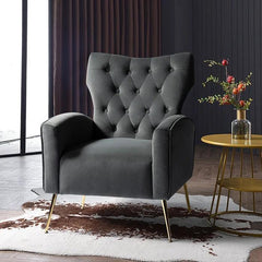 Stuffed Wide Tufted Velvet Wingback Chair for Living Room (Golden Metal Legs) - Wooden Twist UAE