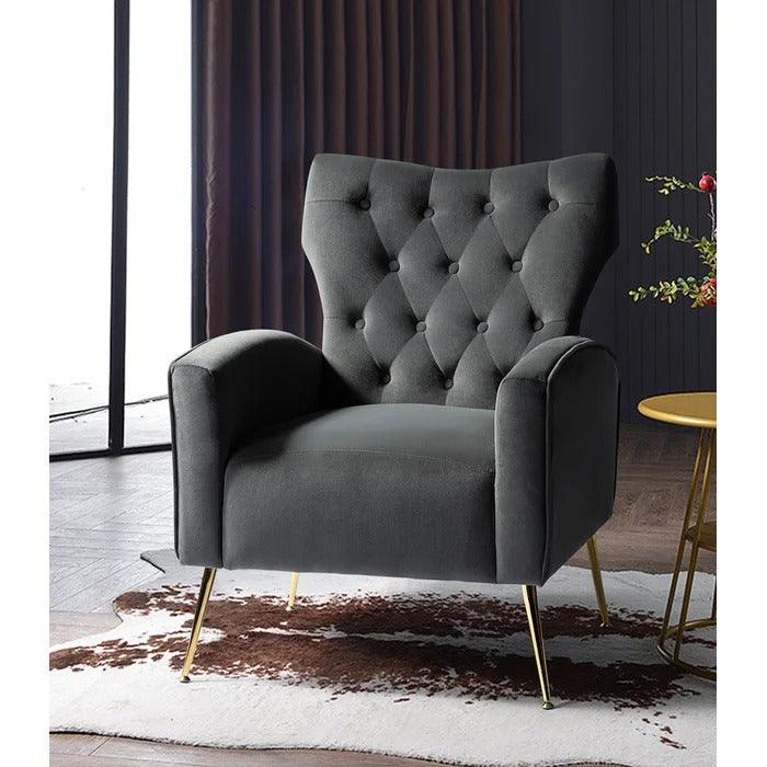 Stuffed Wide Tufted Velvet Wingback Chair for Living Room (Golden Metal Legs)