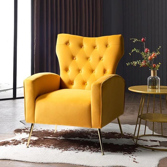 Stuffed Wide Tufted Velvet Wingback Chair for Living Room (Golden Metal Legs) - Wooden Twist UAE