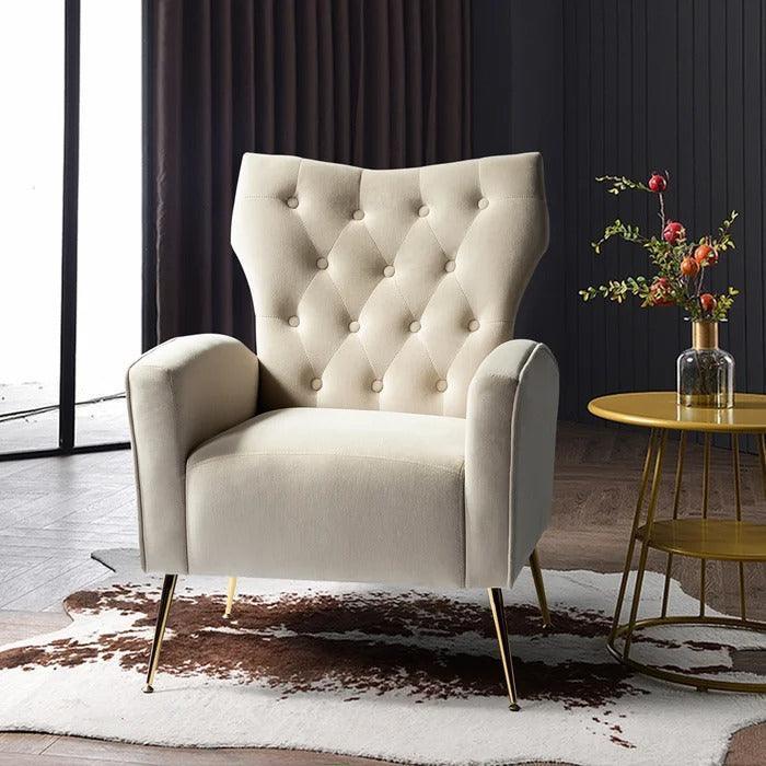 Stuffed Wide Tufted Velvet Wingback Chair for Living Room (Golden Metal Legs) - Wooden Twist UAE