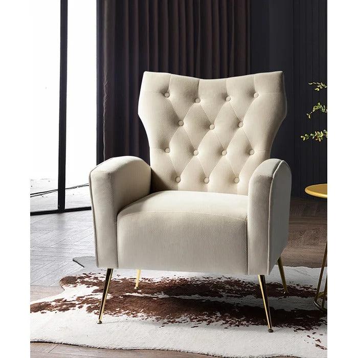 Stuffed Wide Tufted Velvet Wingback Chair for Living Room (Golden Metal Legs) - Wooden Twist UAE