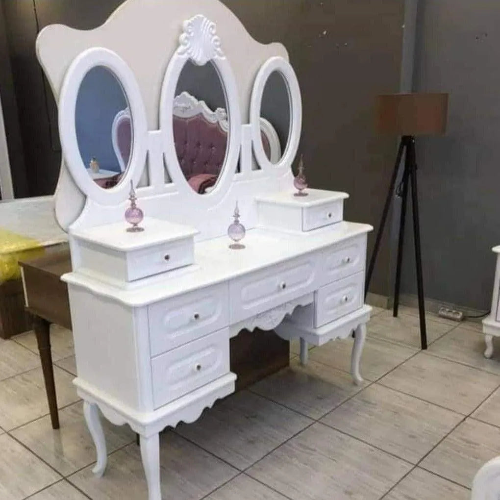 Wooden Handmade Antique White Make-Up Dressing Table Set With 7 Drawer And 3 Mirror - Wooden Twist UAE