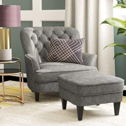 Wooden Wide Tufted Armchair with Ottoman (Grey)
