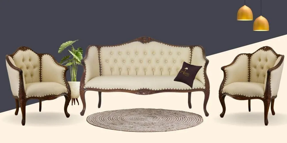 Wooden Handmade Italian Baroque Style Champagne Sofa Set 3+1+1 (Teak Wood) - Wooden Twist UAE