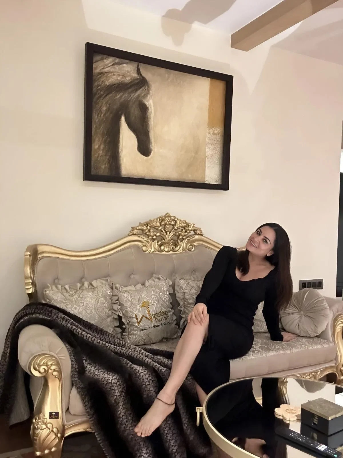 Handmade Royal Antique Golden Finish Carved Sofa (3 Seater) - Wooden Twist UAE