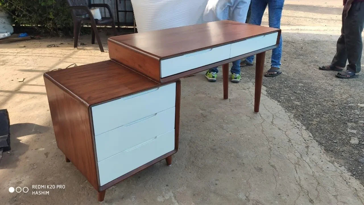 Wooden Twist Mesa Study Table with 5 Drawers Teak Wood Walnut Finish ( Brown & White ) - Wooden Twist UAE