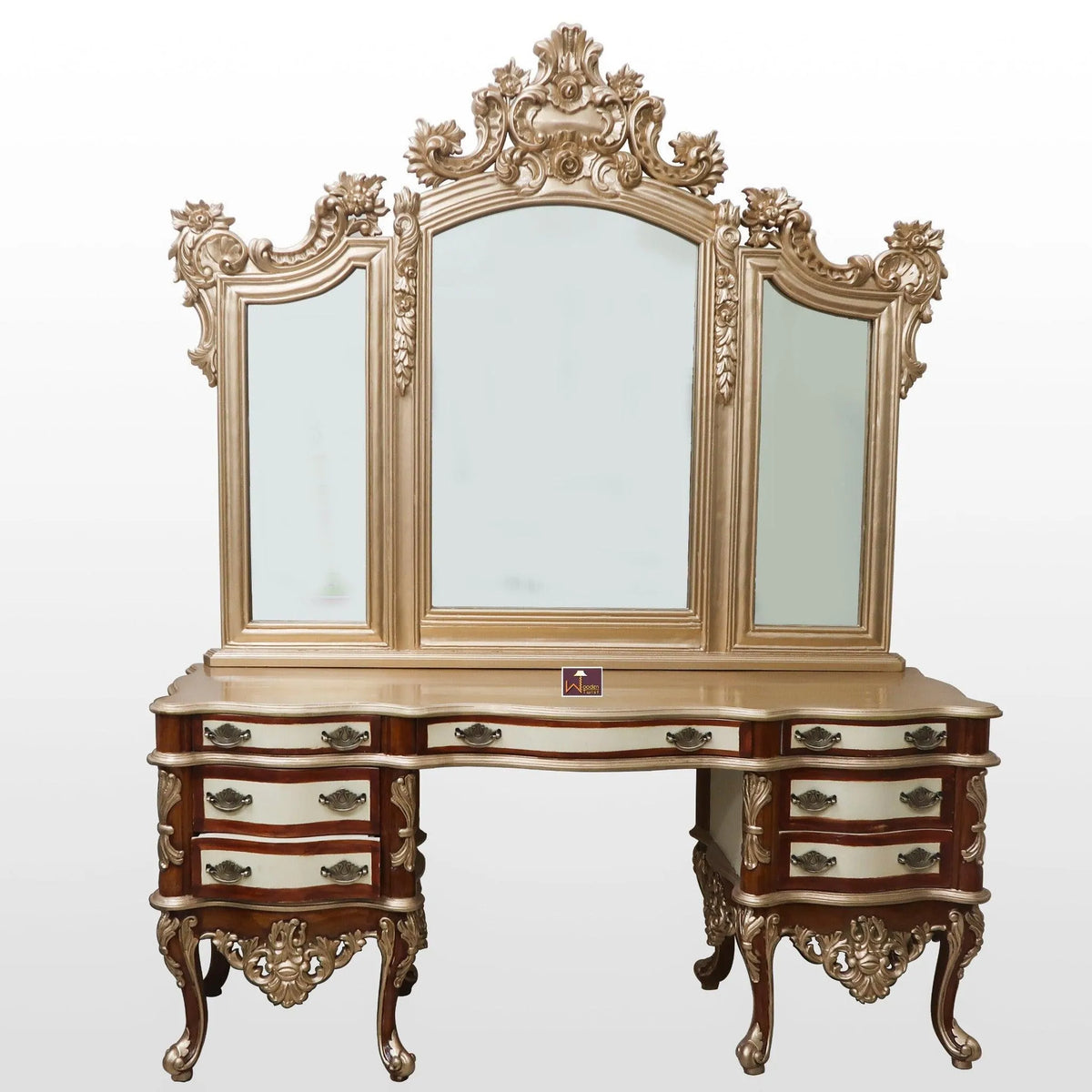 Royal Gold Luxury Hand Carved Wooden Teak Wood Dressing Table with Mirror - Wooden Twist UAE