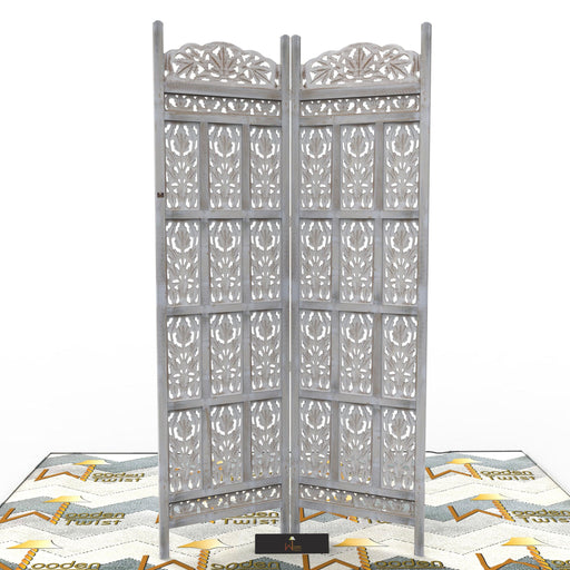 Carved Wood Room Divider Screen Antique White Wash Rustic Finish - Wooden Twist UAE