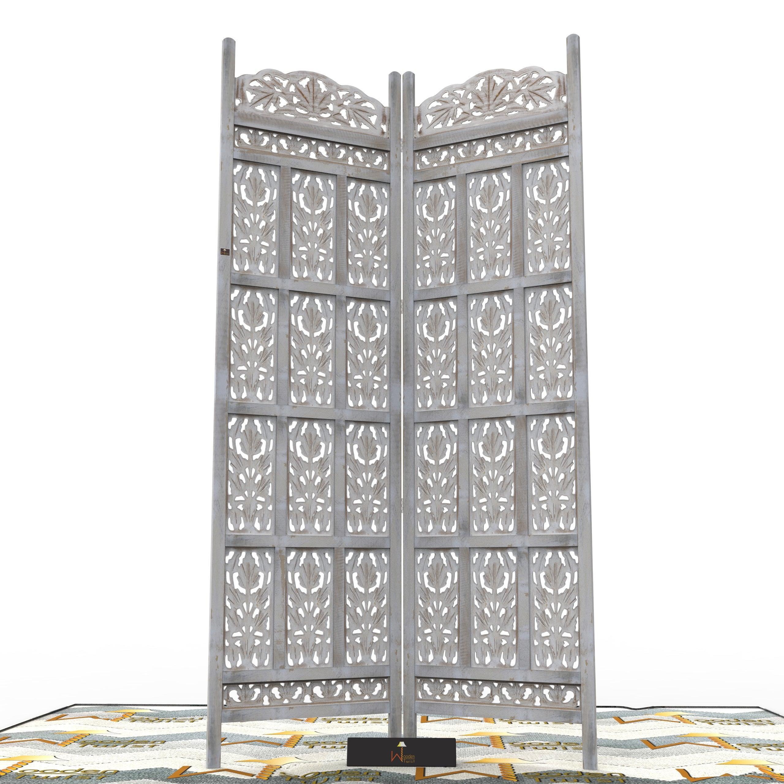 Carved Wood Room Divider Screen Antique White Wash Rustic Finish - Wooden Twist UAE