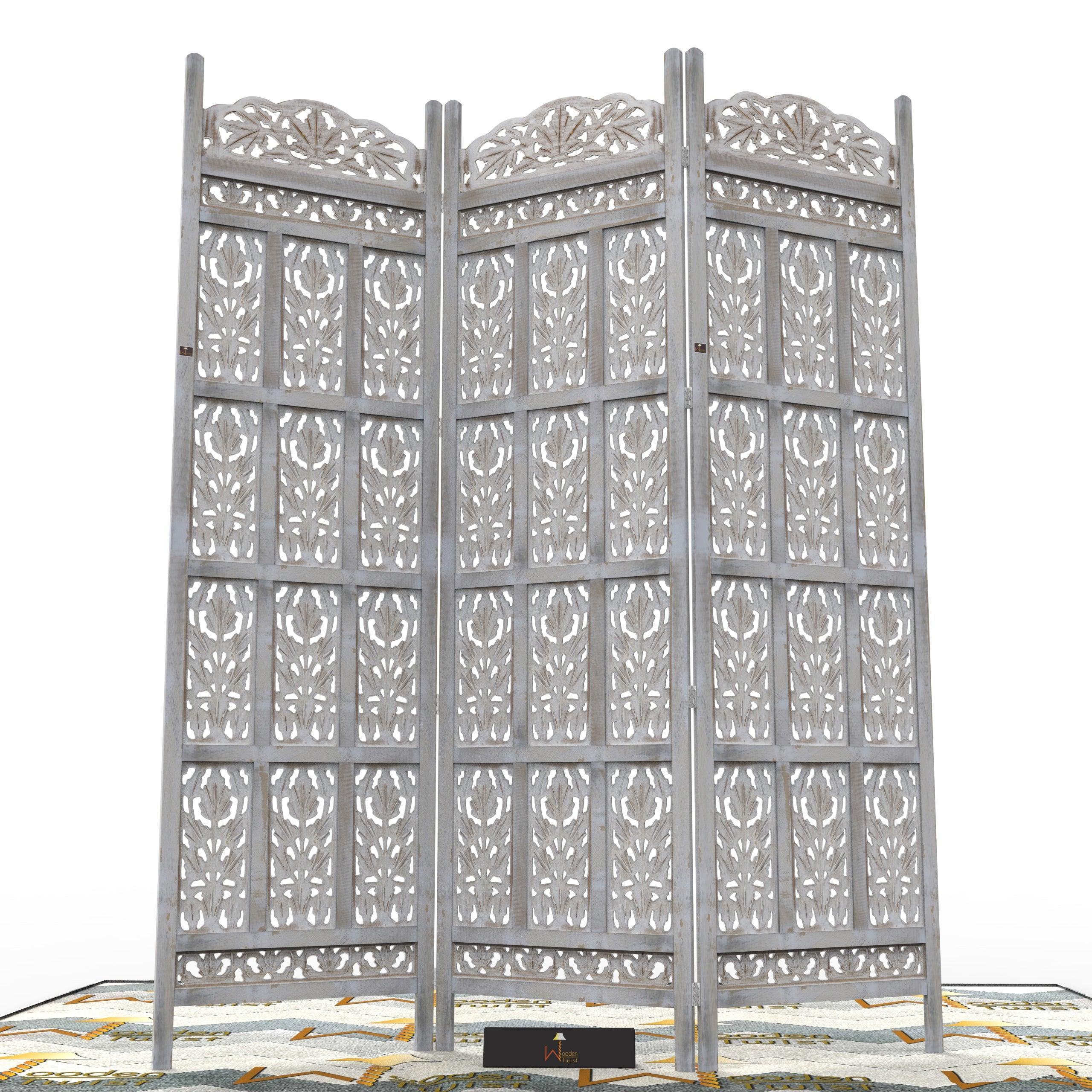 Carved Wood Room Divider Screen Antique White Wash Rustic Finish - Wooden Twist UAE