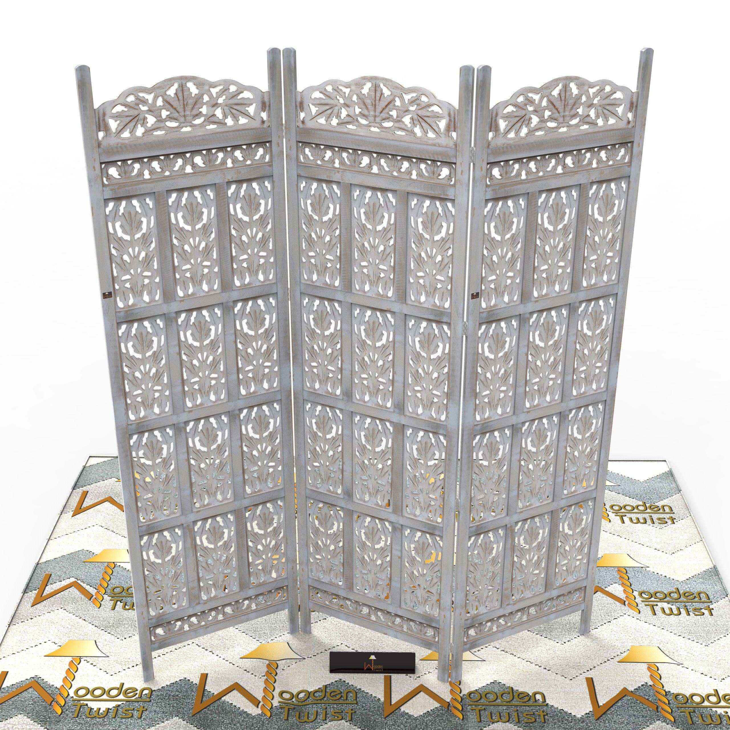 Carved Wood Room Divider Screen Antique White Wash Rustic Finish - Wooden Twist UAE