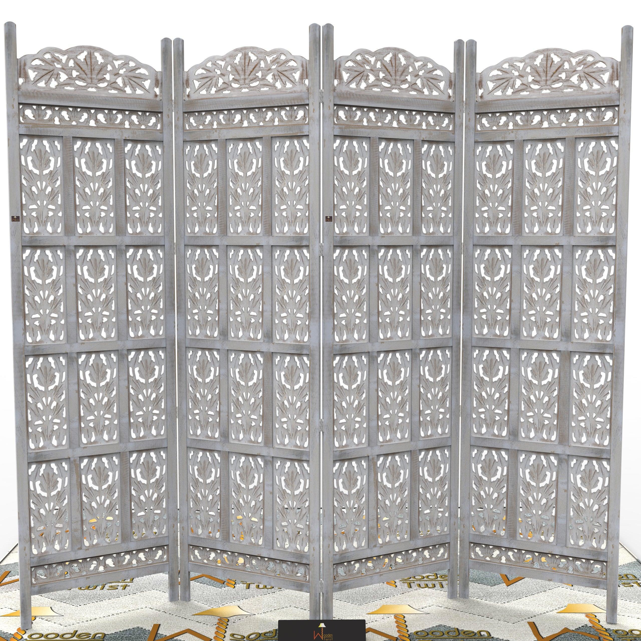 Carved Wood Room Divider Screen Antique White Wash Rustic Finish - Wooden Twist UAE