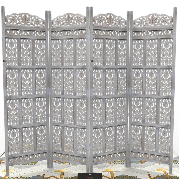 Carved Wood Room Divider Screen Antique White Wash Rustic Finish