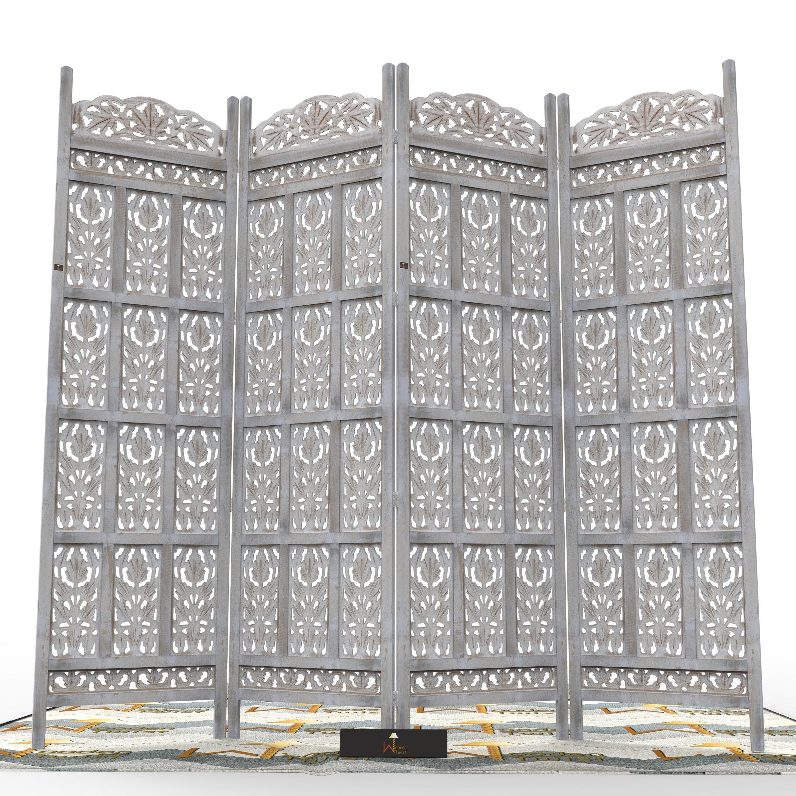 Carved Wood Room Divider Screen Antique White Wash Rustic Finish - Wooden Twist UAE