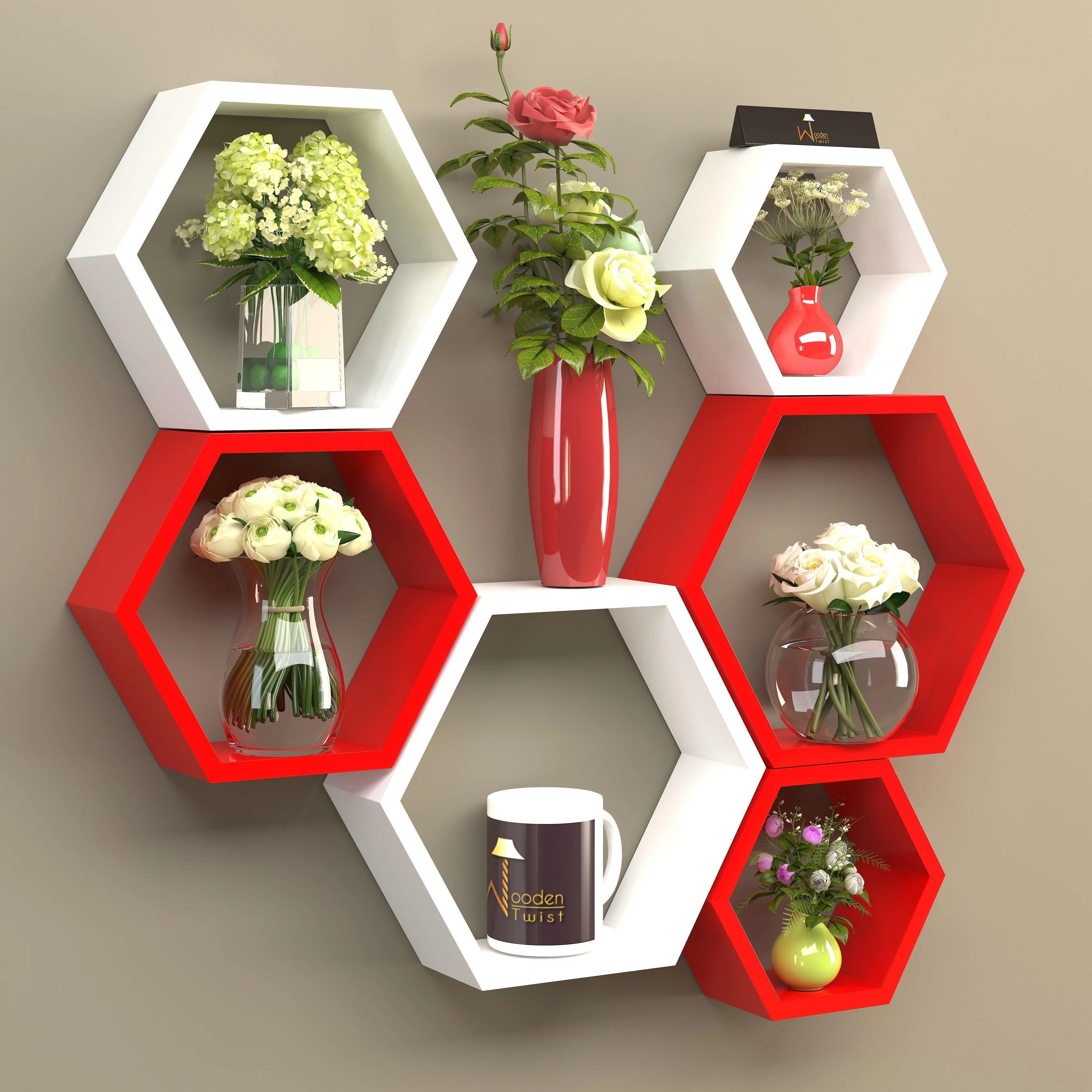 Hexagonal Shape Wooden Floating Wall Shelves (Set of 6) - Wooden Twist UAE