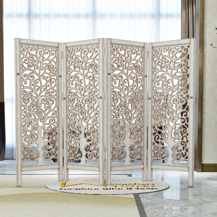 Low Height Solid Wood Room Divider Separator Wooden Partition 4 Panel ( Antique White ) - Wooden Twist UAE