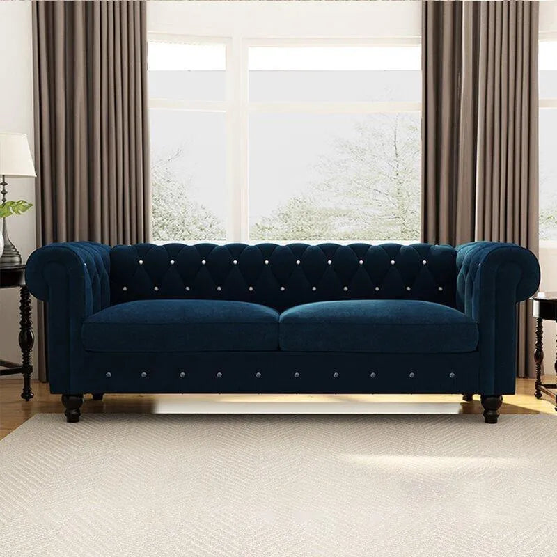 Graceful 3 Seater Velvet Rolled Arm Chesterfield Sofa - WoodenTwist