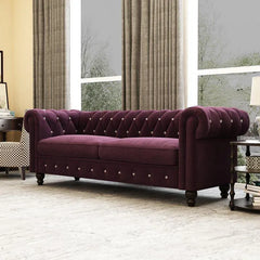 Graceful 3 Seater Velvet Rolled Arm Chesterfield Sofa - WoodenTwist