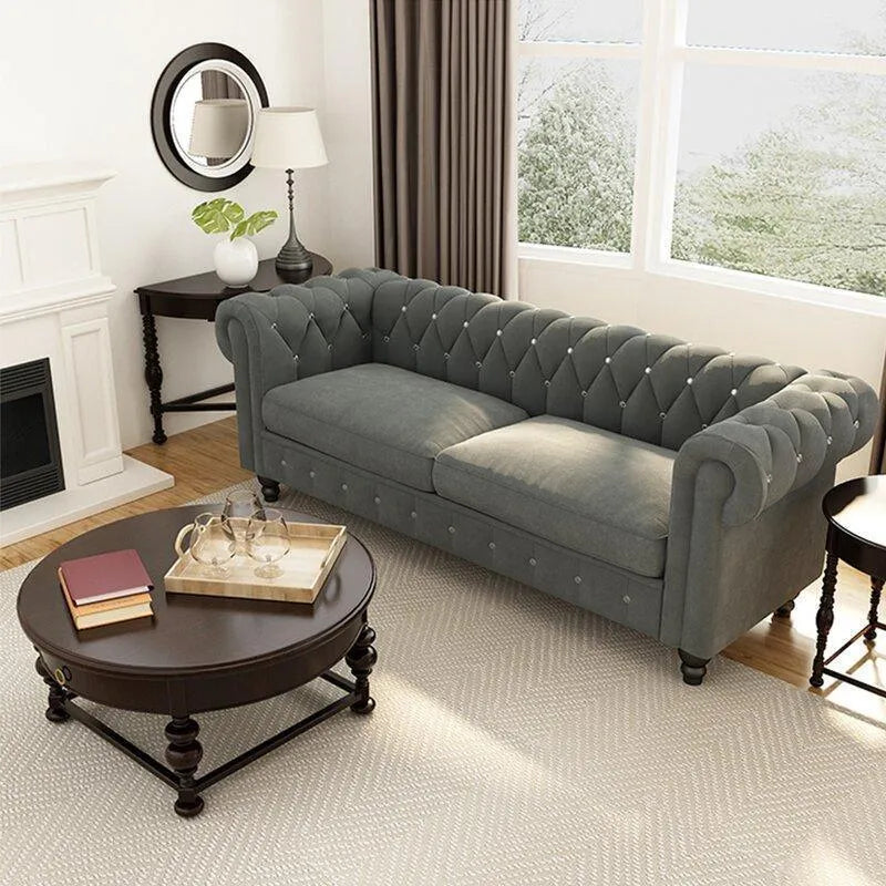 Graceful 3 Seater Velvet Rolled Arm Chesterfield Sofa - WoodenTwist