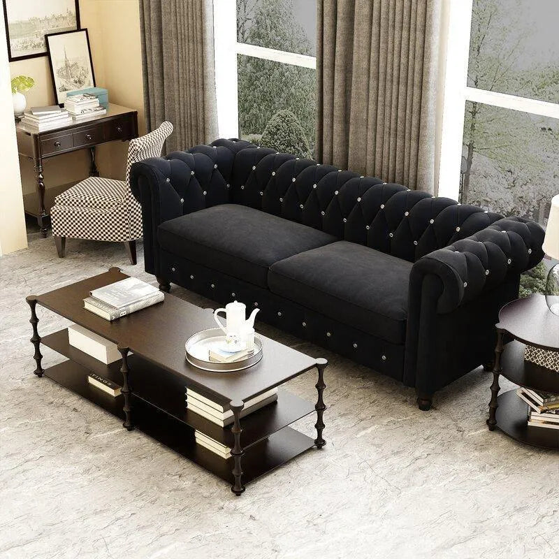 Graceful 3 Seater Velvet Rolled Arm Chesterfield Sofa - WoodenTwist