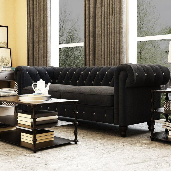 Graceful 3 Seater Velvet Rolled Arm Chesterfield Sofa - WoodenTwist