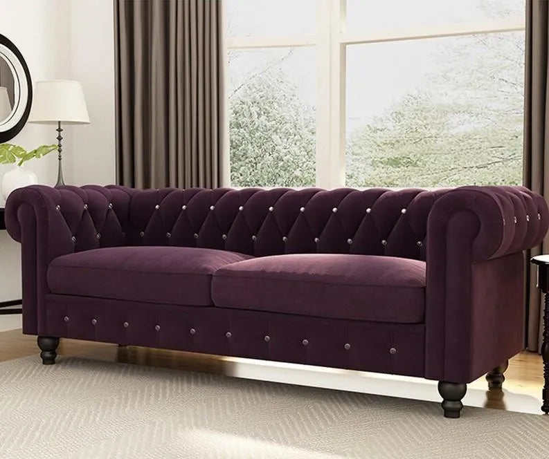 Graceful 3 Seater Velvet Rolled Arm Chesterfield Sofa - WoodenTwist