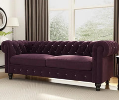 Graceful 3 Seater Velvet Rolled Arm Chesterfield Sofa - WoodenTwist