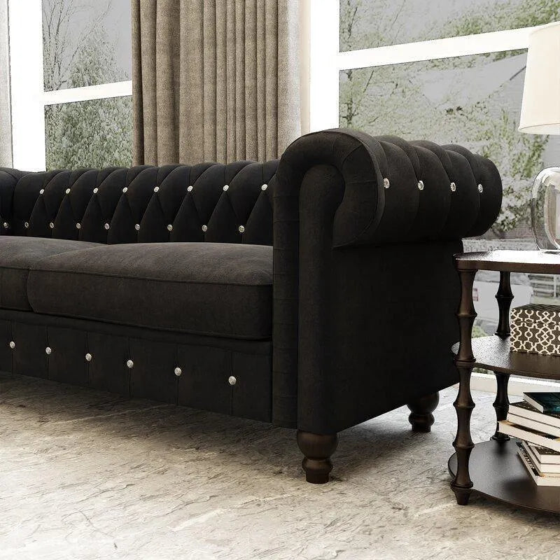 Graceful 3 Seater Velvet Rolled Arm Chesterfield Sofa - WoodenTwist