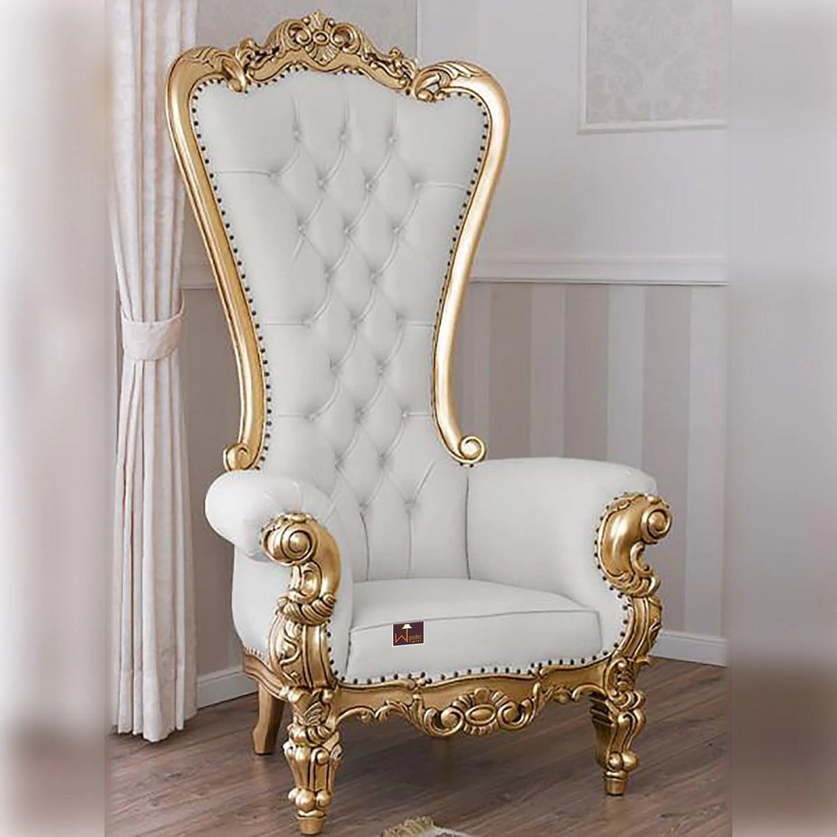 Luxurious High Back throne Gold Leaf & Buttons Chair - Wooden Twist UAE